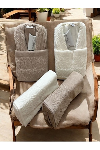 Banyo Çeyiz Seti, %100 Pamuk Bornoz Takımı, 8 Parça Aile Bornoz Seti, Havlu & Havlu Seti Bej-krem Bej