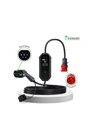 Coswatt Elektrikli Araç Taşınabilir Şarj Cihazı 11 kW-16A-Tip2 Soket-Türkçe Menü-5M-5x16A Fiş-380V AC