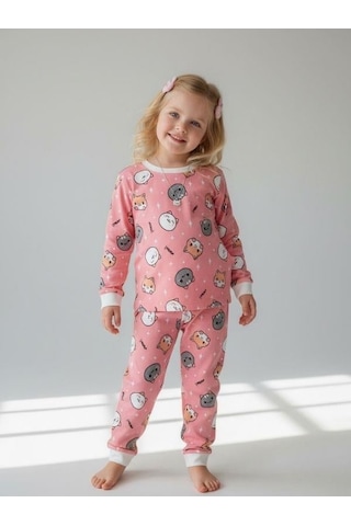 Kız Çocuk Kedi Baskılı Pamuklu Pijama Takımı-16832 Renkli
