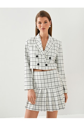 Koton Crop Blazer Ceket Kruvaze Kapama Düğmeli Ekru Ekose 4sak50058uw Ekru