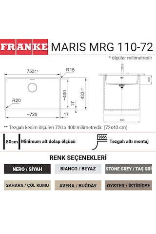Franke Mrg 110-72 Granit Eviye. Bianco. Tezgahaltı. Tek Hazne. 72 x 40 CM