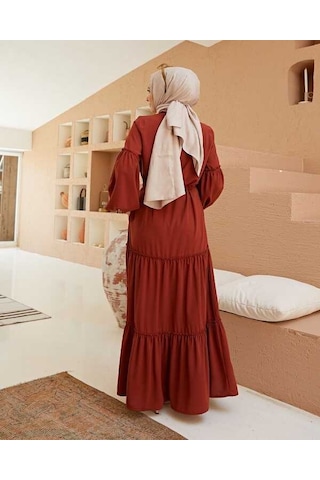 6567-büzgülü Bağcıklı Elbise Kiremit Kiremit