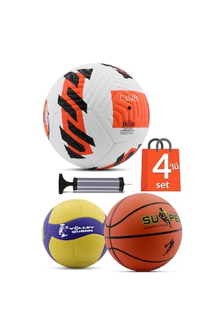4'LÜ SET Basketbol Voleybol Sert Zemin Futbol Topu Top Şişirme Pompası Seti Kırmızı-018 Çok Renkli