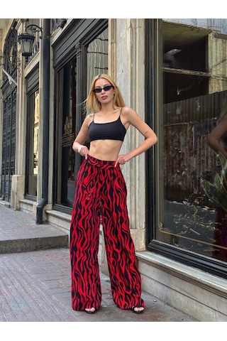 Kadın Yüksek Bel Kuşaklı Desenli %100 Viscose Pamuk Geniş Paça Şık Casual Büyük Beden Curve Pantolon Kırmızı