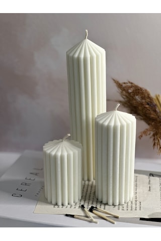 Dekoratif Üçlü Set Çizgili Silindir Sütun Kokulu Vegan Soya Mum Beyaz