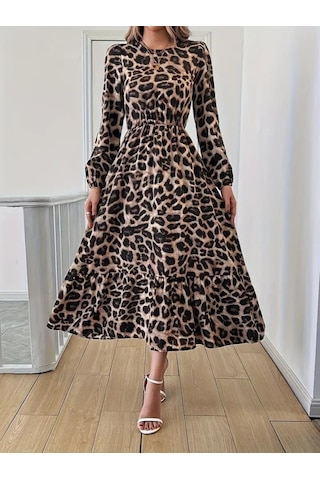Emh Store Uzun Kollu Bisiklet Yaka Leopar Desenli Midi Süprem Elbise Leopar