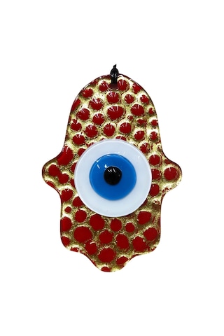 Cam Fatma Ana Eli Duvar Süsü Nazar Boncuklu - Kırmızı Gold Detaylı Hamsa Eli 10x15 Cm