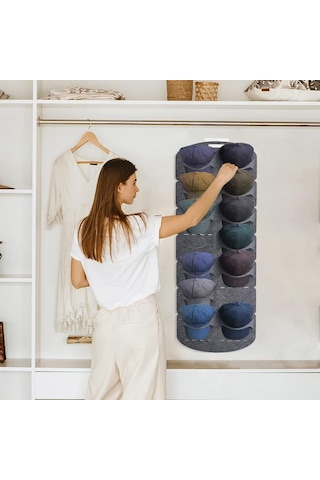 Geeroyoo Yumuşak Feltli Şapka Organizörü - Duvar/d Kapı Montajlı, 14 Şapka Kapasitesi, Şekli Koruyan Görünür Saklama Rafı Gri