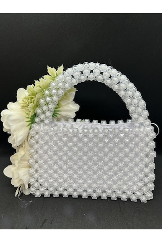 Luti Design Beyaz Boncuk Gelin Çantası / Çiçek Detaylı Özel Tasarım Nikah, Söz Ve Düğün Çantası