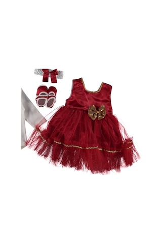 6 Ay Kız Bebek Mevlüt Takımı - Pul, Fiyonk Ve Tül Detaylı, Pamukl Kırmızı