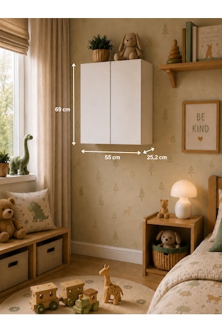 3 Raflı Çok Amaçlı Oyuncak Dolabı Mat Beyaz Mdf Lam 69x55x25 CM Yavaşlatıcılı Kapaklı