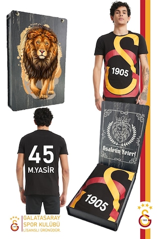 Gsstore Galatasaray Lisanslı Büyük Logolu Kişiye Özel T-shirt Hediyelik Ahşap Kutulu Siyah