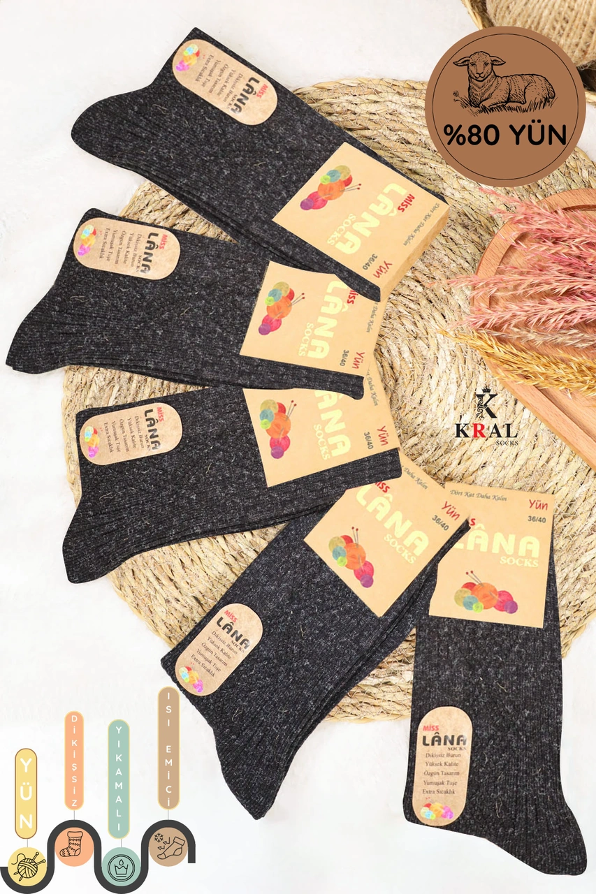Miss Lana Ladies Socks Kışlık 5 Çift Lambswool Kadınlar Için Termal Kutulu Dikişsiz Yün Çorap Siyah