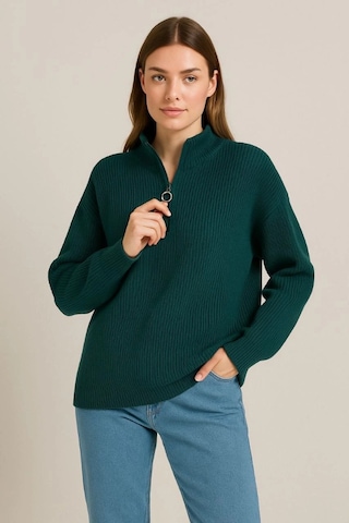 Efnaz Style Kadın Yarım Fermuarlı Triko Kazak Selanik Örgü, Dik Yaka, Pamuklu Dokuma, Oversize Uzun Kollu Kışlık Model - Haki