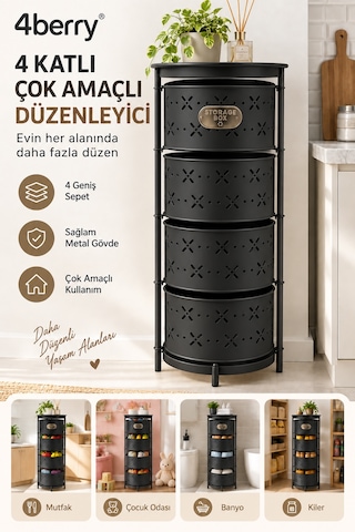 4 Katlı Metal Çok Amaçlı Düzenleyici Sepet Mutfak Sebzelik, Oyuncak, Banyo Ve Ev Organizeri Siyah