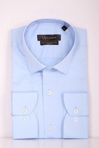Aclassics Erkek Mavi Slim Fit Saten Pamuk Cepsiz Gömlek