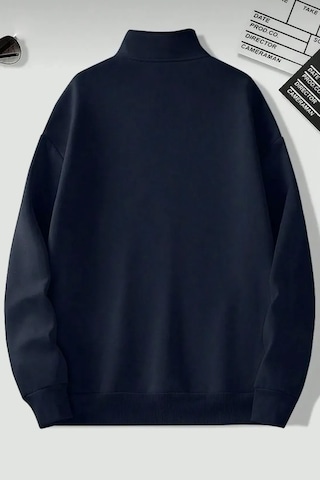 Dik Yaka Yarım Fermuarlı Düz Kazak Sweatshirt - Lacivert