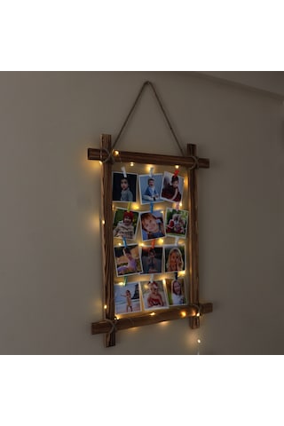 Ahşap Çerçeve Fotoğraf Çerçevesi Led Işıklı Ipli Renkli Mandallı Kahverengi