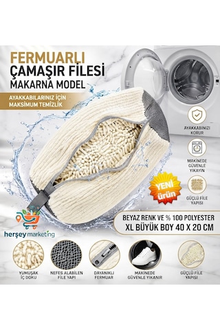 Ayakkabı Yıkama Çantası Özel Makarna Kumaş Fermuarlı Büyük Boy Mikrofiber Beyaz Renk Xl 40 X 20 Cm