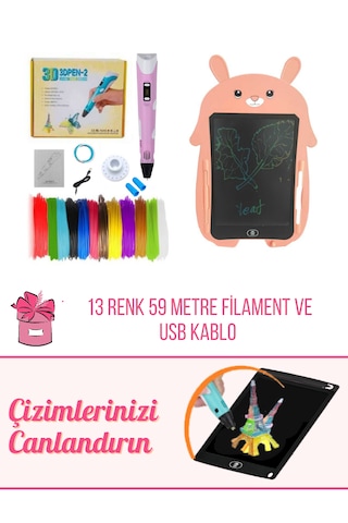 Orh Market 3d Kalem 3d Pen Usb Kablolu Üç Boyutlu Yazıcı Kalem Printer Ve Pembe Tavşan Grafik Tablet Set - Pembe