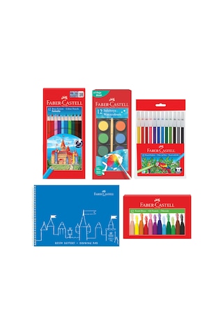 Faber-Castell Boyama Seti ve 25x35 Resim Defteri – Sulu, Pastel, Keçeli, Kuru Boya ile (Karma Renk Gönderilir)