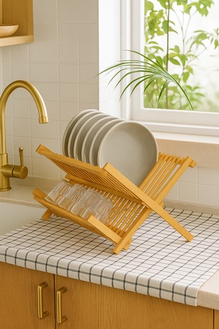 Bambu Tezgah Üstü Organizer 43x34 Cm Doğal Bulaşıklık Ve Mutfak Düzenleyici Bambu