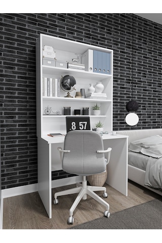 Asra Trend %100 Mdflam Raflı Çalışma Masası Bilgisayar Ofis Ders Masası Çm-03 Beyaz