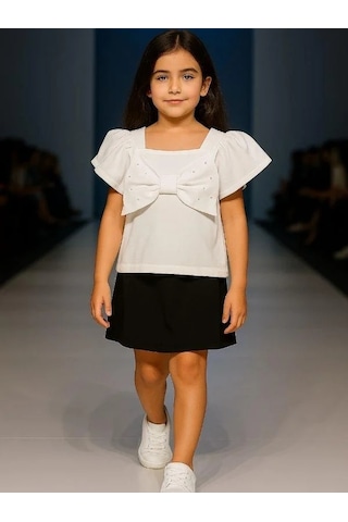 Kız Çocuk Pamuklu Fiyonklu Taşlı Bluz-15894 Ekru
