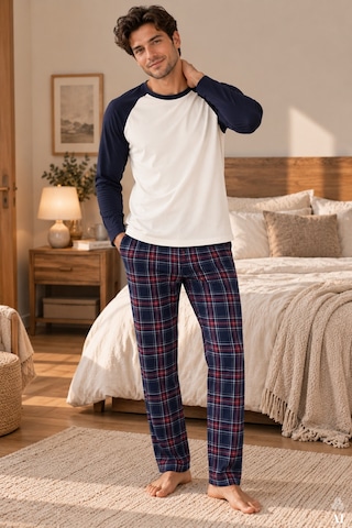 Erkek Pamuklu Uzun Kollu Cepli Pijama Takımı Ke30110 Lacivert - Beyaz