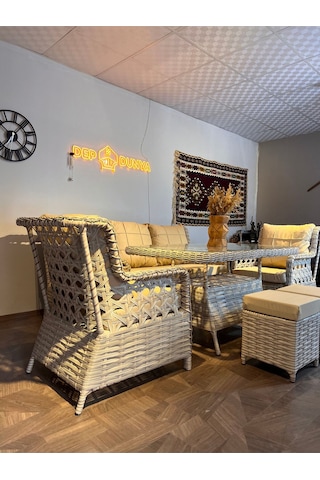 Depodunya Rattan Puflu Bahçe Balkon Takımı 3 1 1 Rattan Bahçe Mobilyası Bahçe Takımı Oturma Grubu Bej