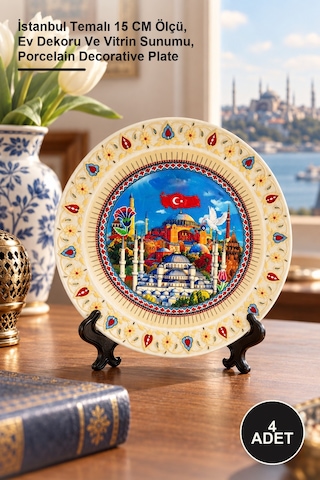4 Adet Porselen Dekoratif Tabak İstanbul Temalı 15 Cm Ölçü, Ev Dekoru Ve Vitrin Sunumu, Porcelain Decorative Plate Altın