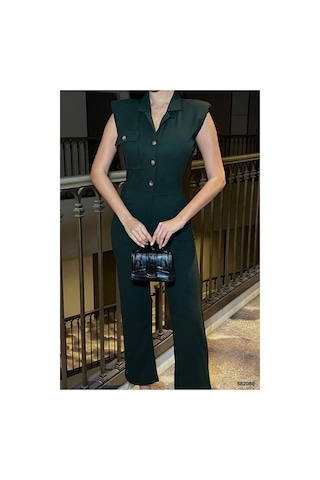 DefyModa Kadın Krep Kumaş Kısa Kollu Tulum Haki