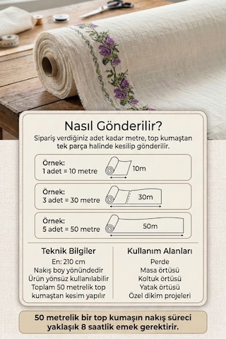 10 Metre Kanaviçe Nakışlı Kumaş 33.000 Vuruş %100 Pamuk 10 Metre Monika Buldan Bezi 210 Cm En Mor