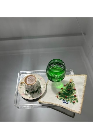 Linda Mia Boncuklu Yılbaşı Ağacı Kahve Fincanı Altlığı - 1 Adet Yeni Yıl Kokteyl Peçetesi Acı Kahverengi
