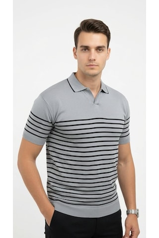 Plus Scorpion Erkek Çizgili Polo Yaka Triko Tişört Slim Fit İnce Triko Yazlık Şık Model Gri