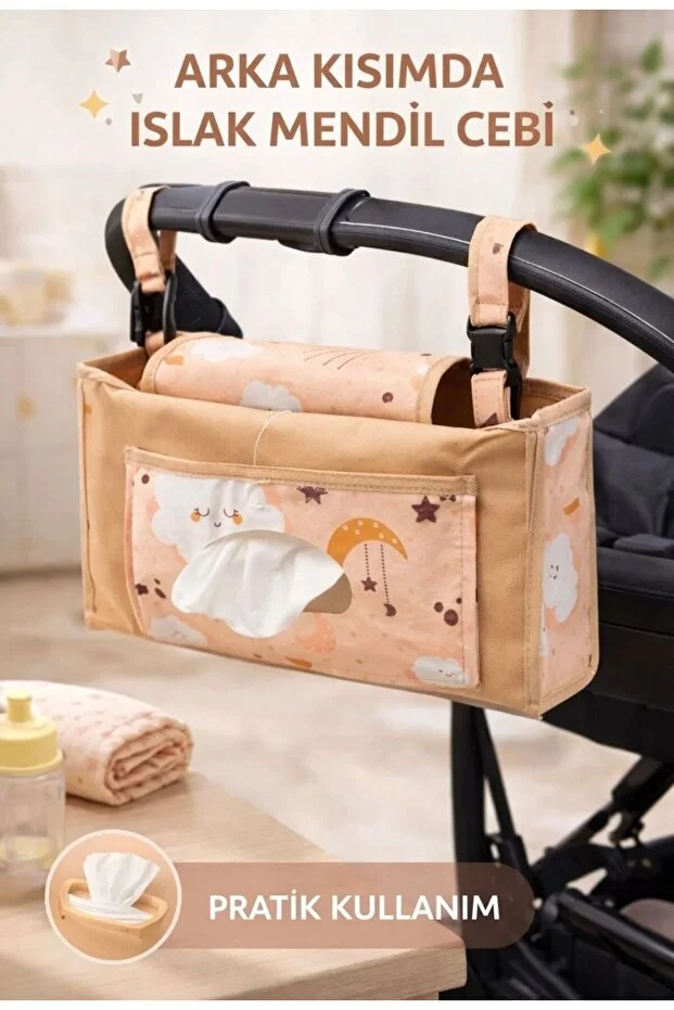 Lüx Premium Bebek Arabası Organizer Çanta I Çok Bölmeli, Biberon Gözlü Stroller Organizer Açık Bej