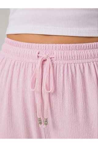 Efnaz Style Battal Beden Bürümcük Kumaş Beli Lastikli Bağcıklı Bol Paça Palazzo Pantolon - Pembe