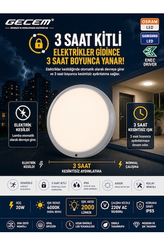 Gecem 20w Sensörlü Led Armatür 4000k Doğal Beyaz Ip65 Acil Aydınlatma Özellikli Ilık Beyaz
