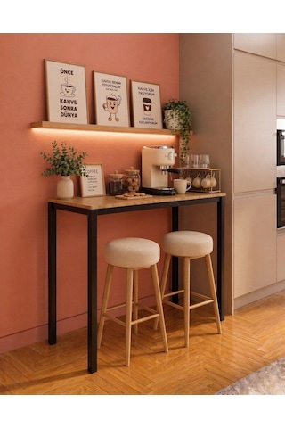 Meşe Siyah Bar Masası 116x45x92cm Mutfak Masası, Kahve Köşesi Ve Çok Amaçlı Kullanım