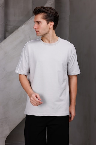 Erkek Şeritli Oversize Bisiklet Yaka 2 İki İplik Kompakt T-shirt Ekru