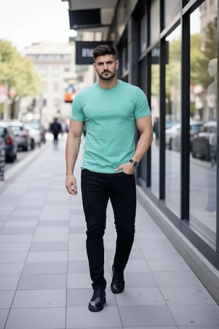 Veraura Lifestyle Erkek T-shirt Bisiklet Yaka Slim Fit Dar Kesim Likralı Tişört Günlük Basic Body - Turkuvaz Turkuaz