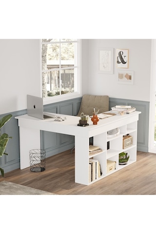 Corner Kitaplık Raflı Çalışma Masası Çam-antrasit Cor5-w Beyaz