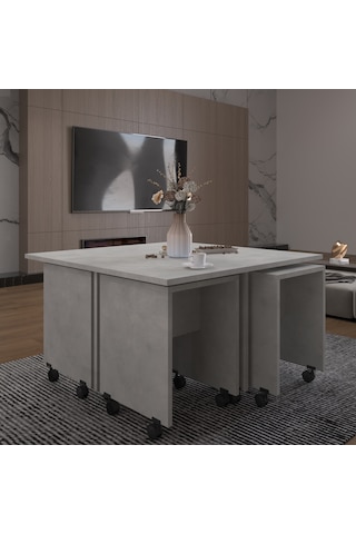 Asra Trend Akıllı Orta Sehpa OS003 %100 MDF 5 Parça Yavrulu Puf Sehpa Seti Retro Taş