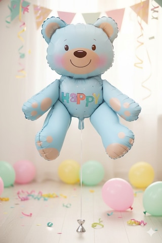 51x54 Cm Oturan Ayı Mavi Folyo Balon - Doğum Günü Parti Dekorasyon Balonu Çok Renkli