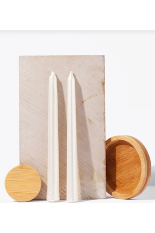 Denic 2 li Metalik Inci Beyaz Şamdan Mum Konik Mum