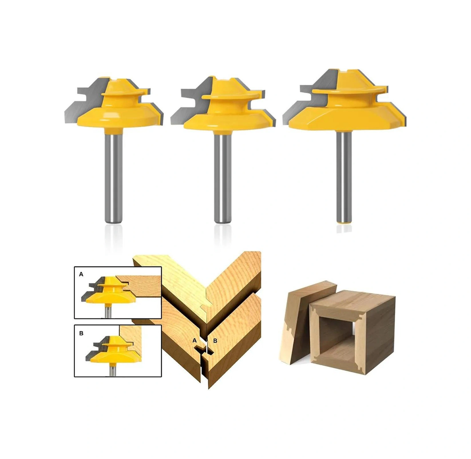 Hombey Ahşap Panel İçin 3'lü Set: 45 Derece Konşekür Bıçağı, Dilimleme Ve Birleştirme - 1/4 İnç Saplı Yg8 Alaşımlı Uç