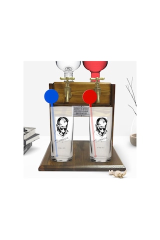 Kişiye Özel Renkli Baskılı Atatürk Temalı İkili Vodka Bardağı Ve Çift Musluklu Doğal Ahşap Vodka Standı-28