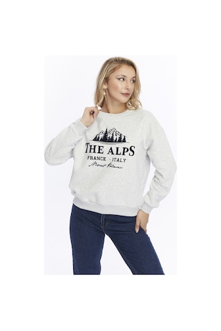 Gidia Kadife The Alps Desenli Gri Melanj Yumuşak Dokulu Regular Fit Bisiklet Yaka Kadın Sweatshirt Grimelanj