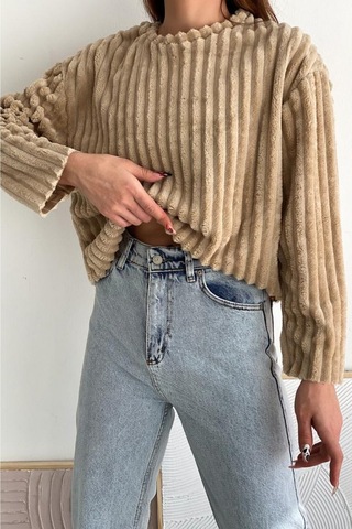 Femelle Kadın Bej Peluş Kumaş Standart Beden Yumoş Kazak