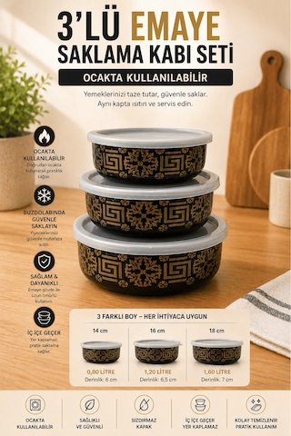 3 Lü Emaye Saklama Kabı Seti Kapaklı, Ocakta Kullanılabilir, İç İçe Geçer Desenli Çok Renkli